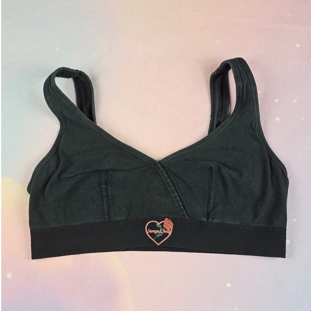 Savage X Fenty Bralette Womens‎ 2X Black Excellent Heart Rose Cotton Blend